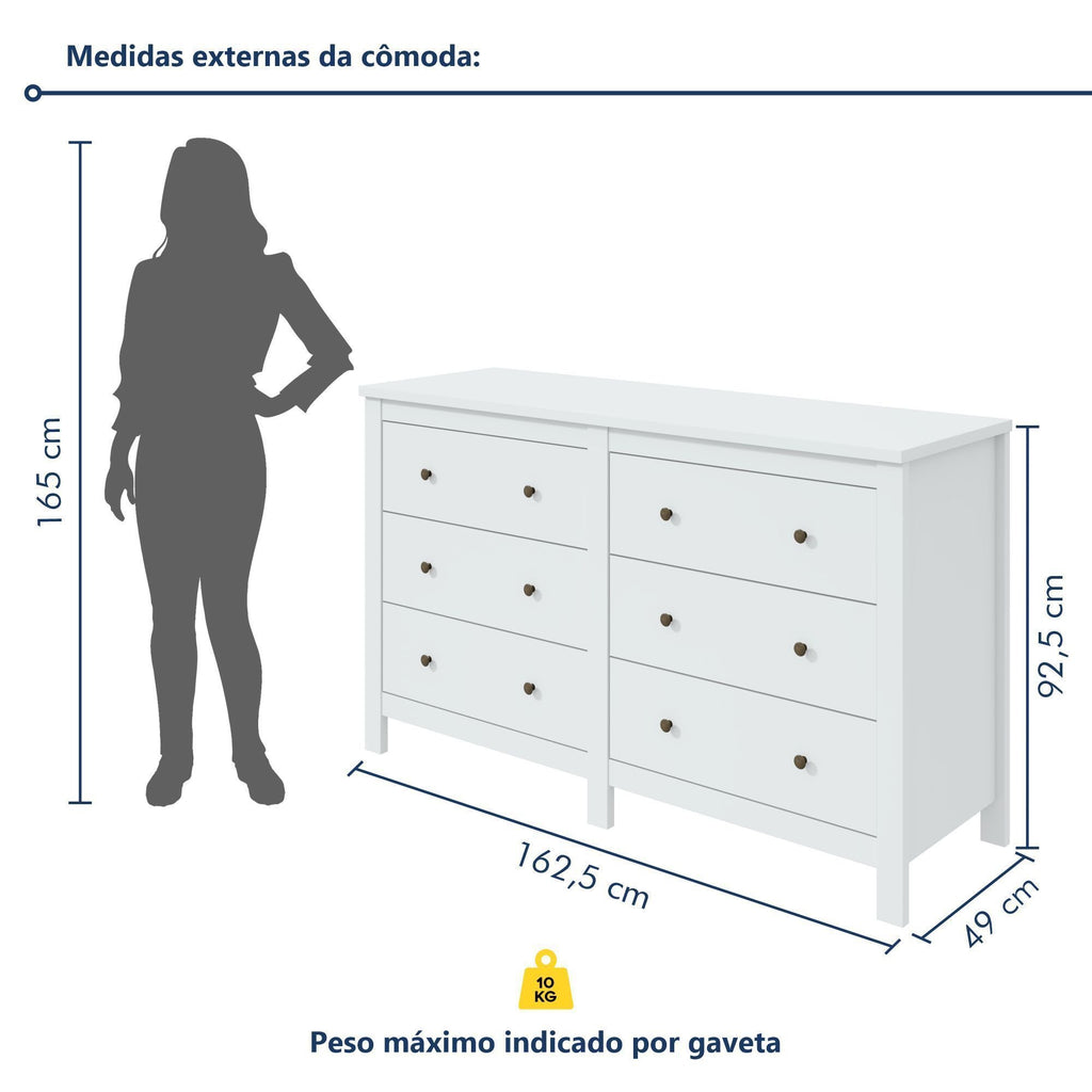 Cômoda para Quarto 6 Gavetas Estilo Clássico MDF Maggiore New 162cm Espresso Móveis Branco