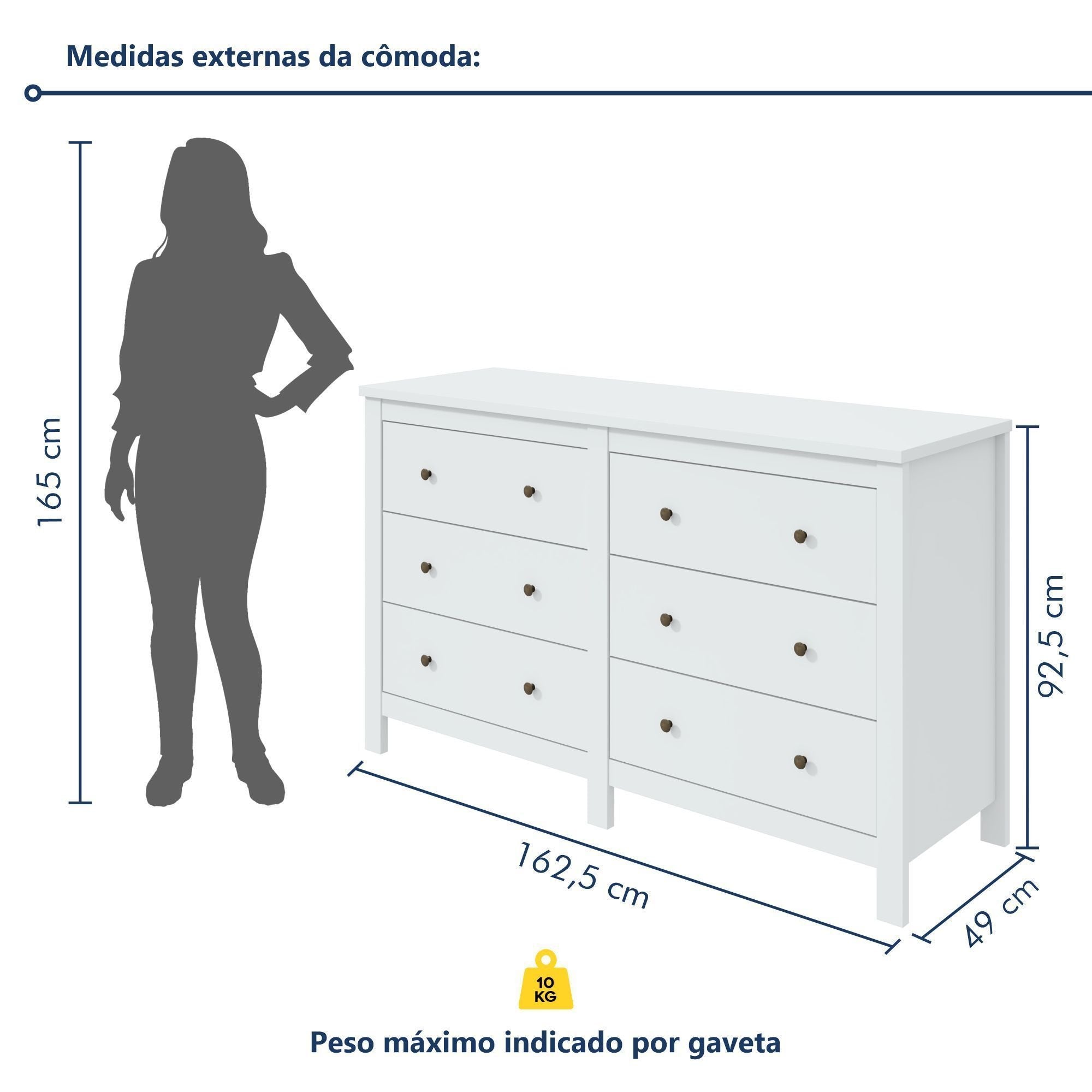 Cômoda para Quarto 6 Gavetas Estilo Clássico MDF Maggiore New 162cm Espresso Móveis Branco