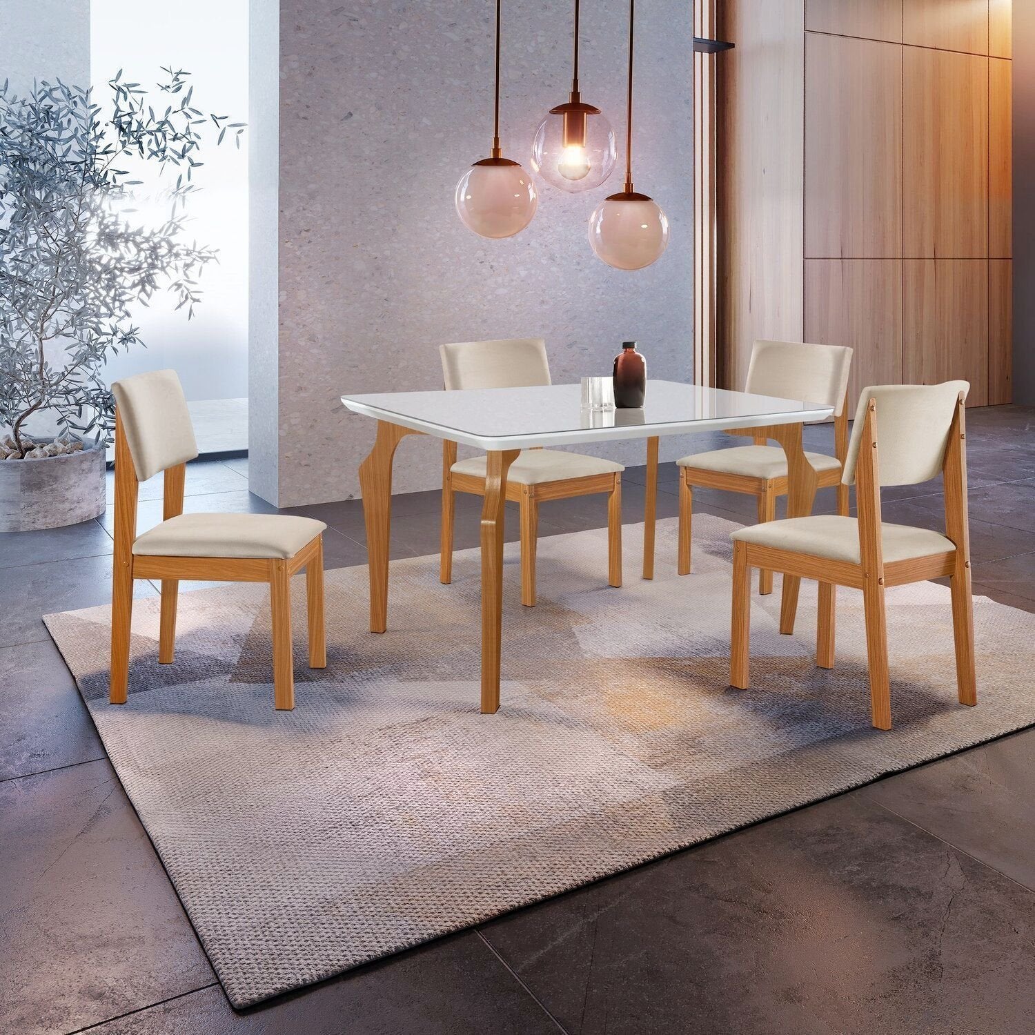 Conjunto Sala de Jantar Mesa Tampo Vidro/MDF com 4 Cadeiras Marialice LJ Móveis Cinamomo/Off White/Bege