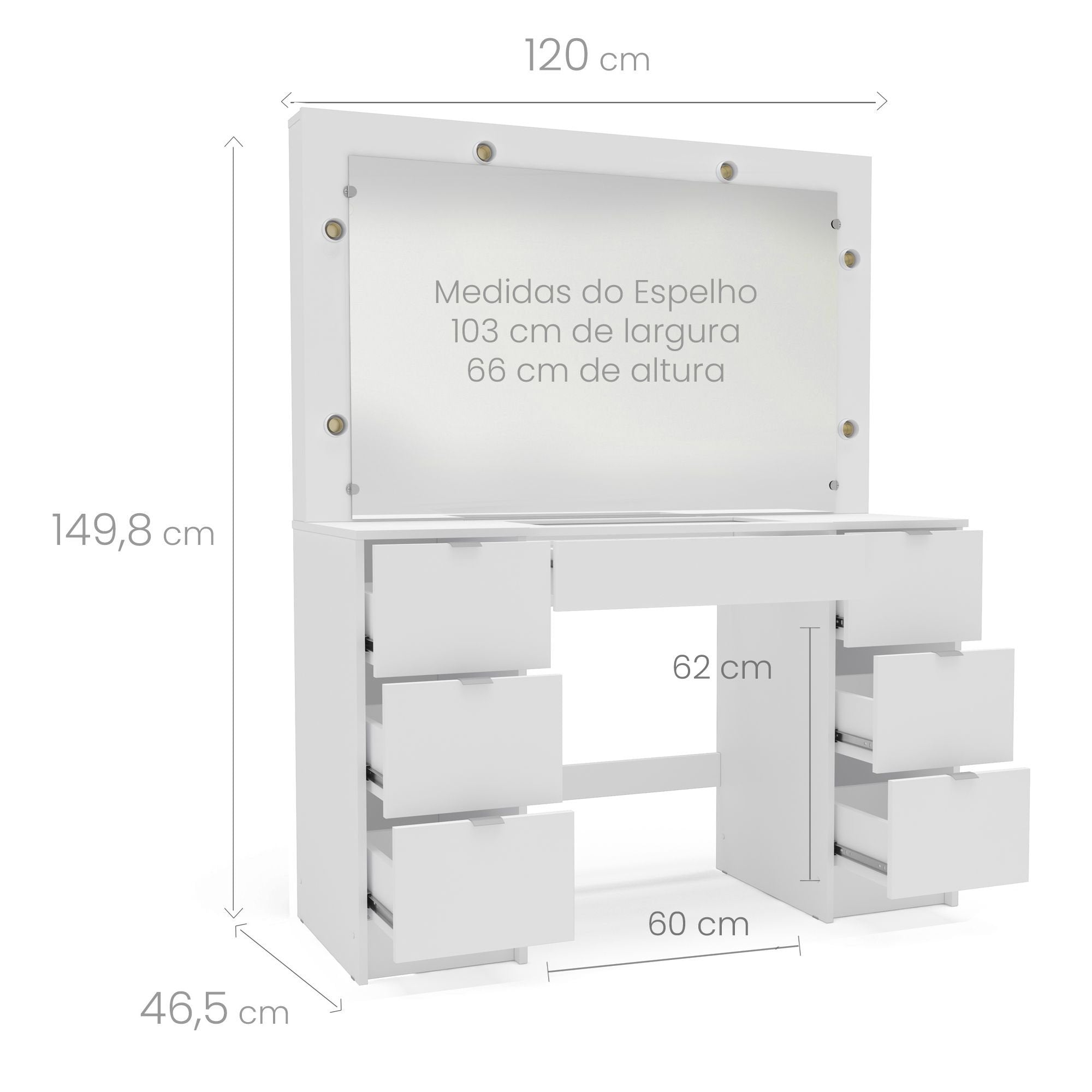 Penteadeira Camarim 7 Gavetas com Espelho e Iluminação França Politorno Branco