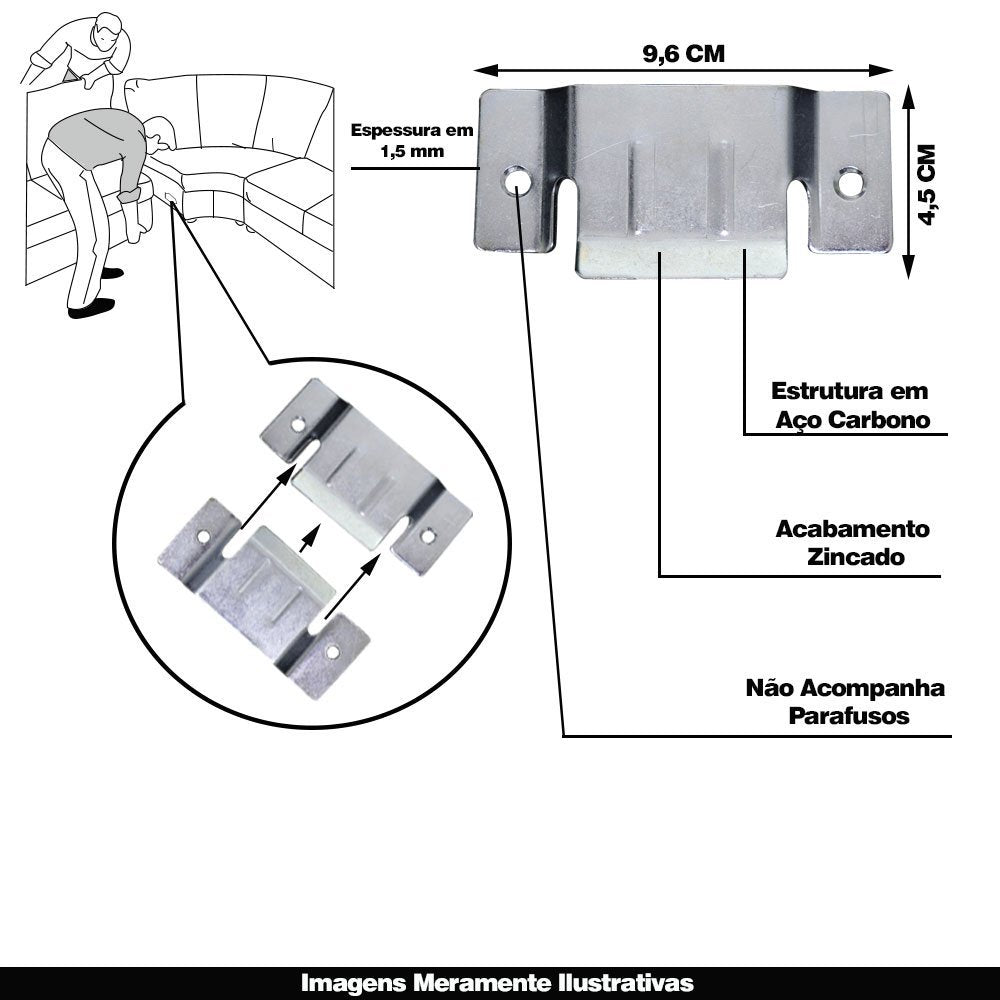 Conector de Encaixe para Móveis Zincado Aço Carbono 6 Pares Gran Belo G59
