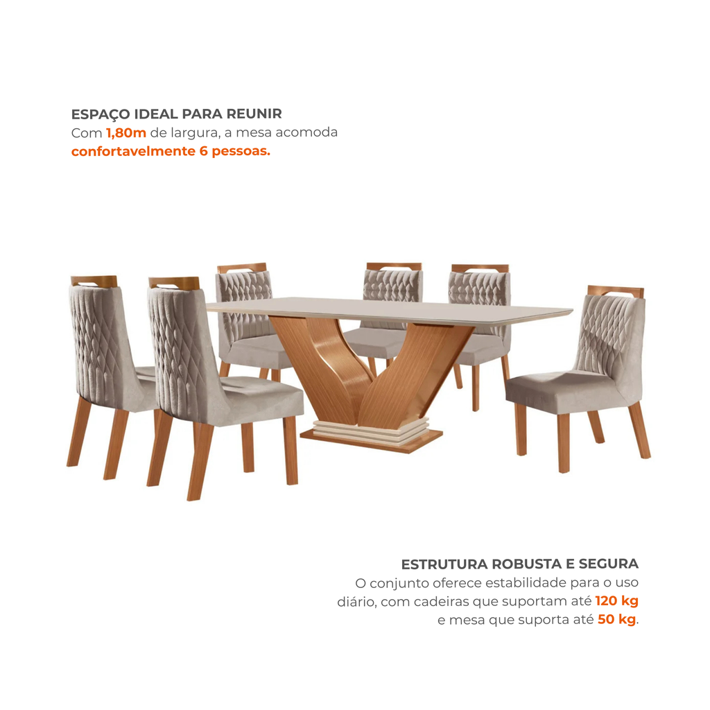 Conjunto Sala de Jantar Mesa Safira Tampo Vidro e MDF com 6 Cadeiras Atena LJ Móveis