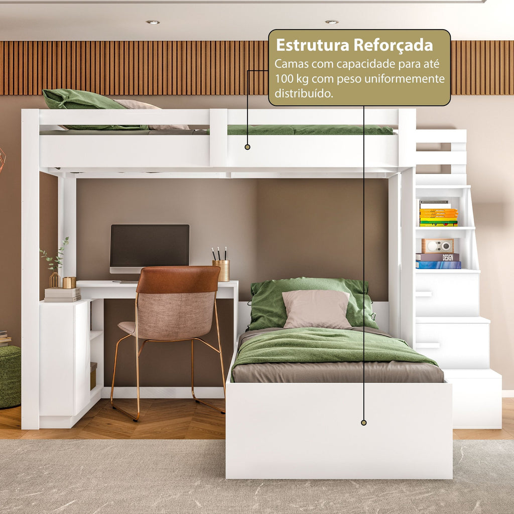 Beliche Office Adulto Moon com Escrivaninha em L Nichos e Escada 2 Portas e 2 Gavetas Yescasa Branco