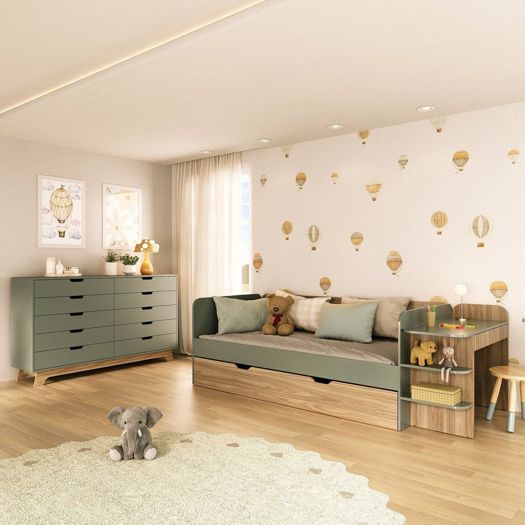 Quarto Infantil Completo com Cama de Solteiro 3 em 1 e Cômoda 10 Gavetas em MDF Premium Helena e Alice FD