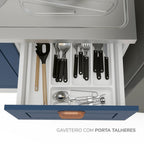 Cozinha Completa Modulada Pérola 4 Peças Torre Quente Aéreo 3 Portas Balcão 2 Gavetas Basculante Azul/Branco 270,2x219,4x52cm