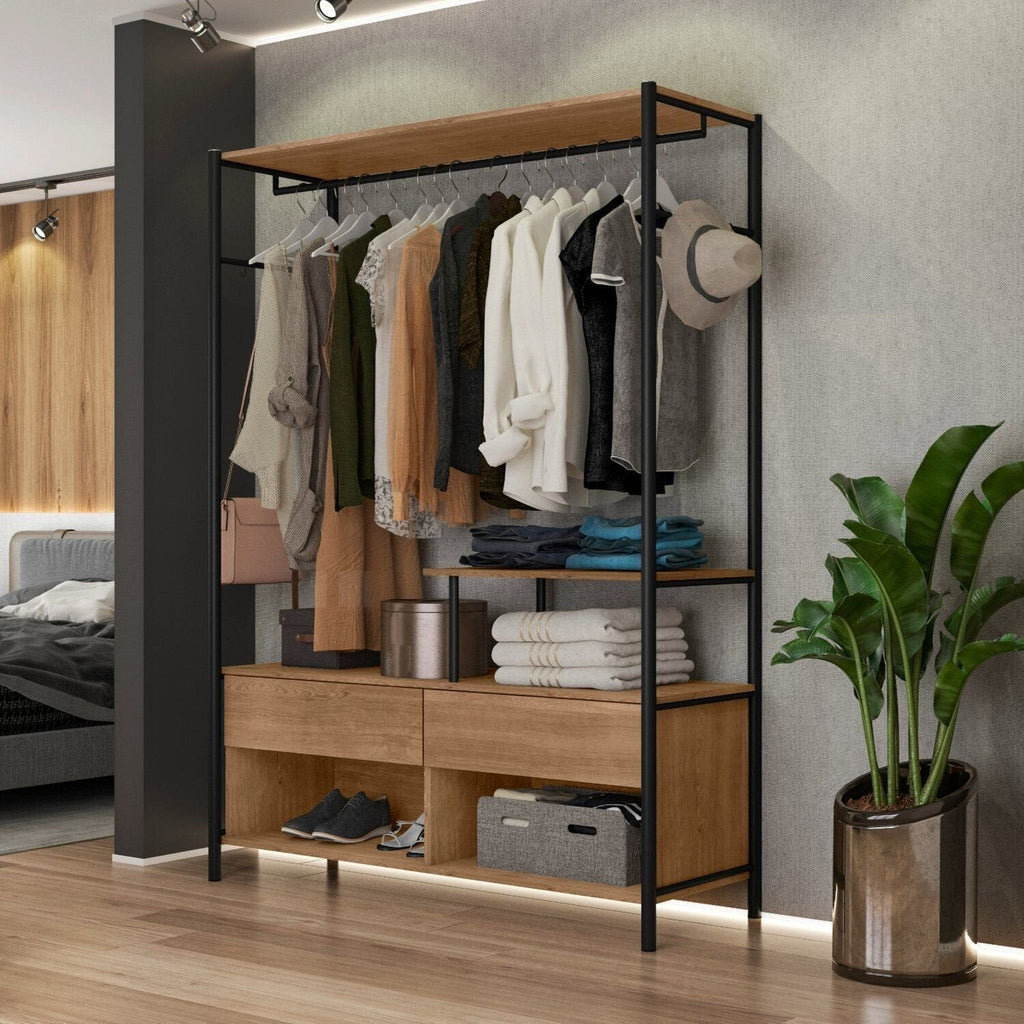Guarda-Roupa Closet Industrial para Casal de Ferro 2 Gavetas 5 Prateleiras Barcelona Artefamol Marrom/Preto