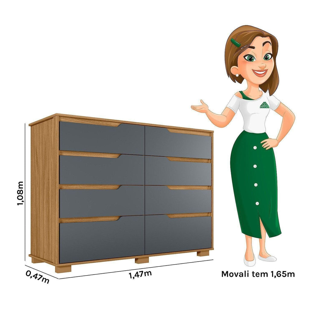 Cômoda para Quarto 8 Gavetas 147cm Georgia Moval Marrom/Freijó/Cinza