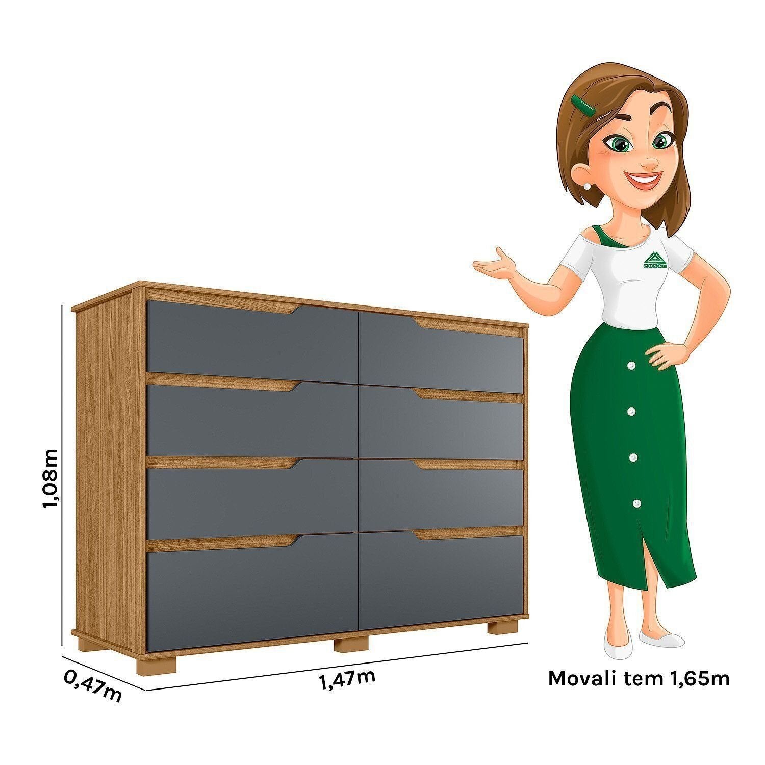 Cômoda para Quarto 8 Gavetas 147cm Georgia Moval Marrom/Freijó/Cinza