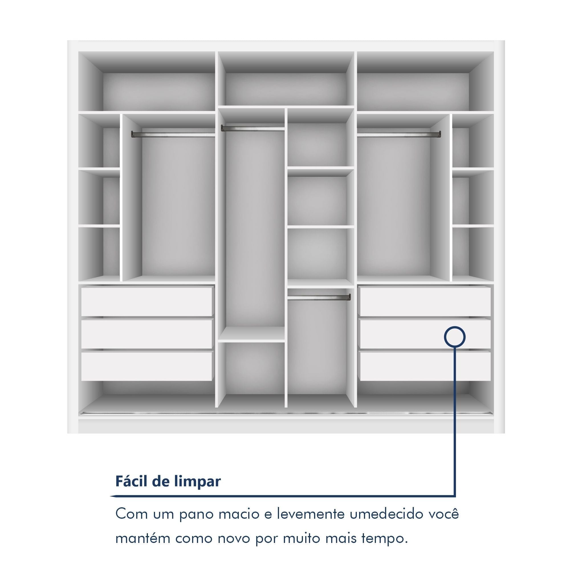 Guarda-Roupa Casal 3 Portas 6 Gavetas com Espelho Premium Lux Yescasa Branco