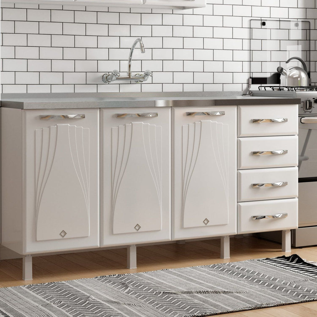 Balcão de Cozinha em Aço 3 Portas 4 Gavetas 160cm sem Tampo Star New Telasul Branco