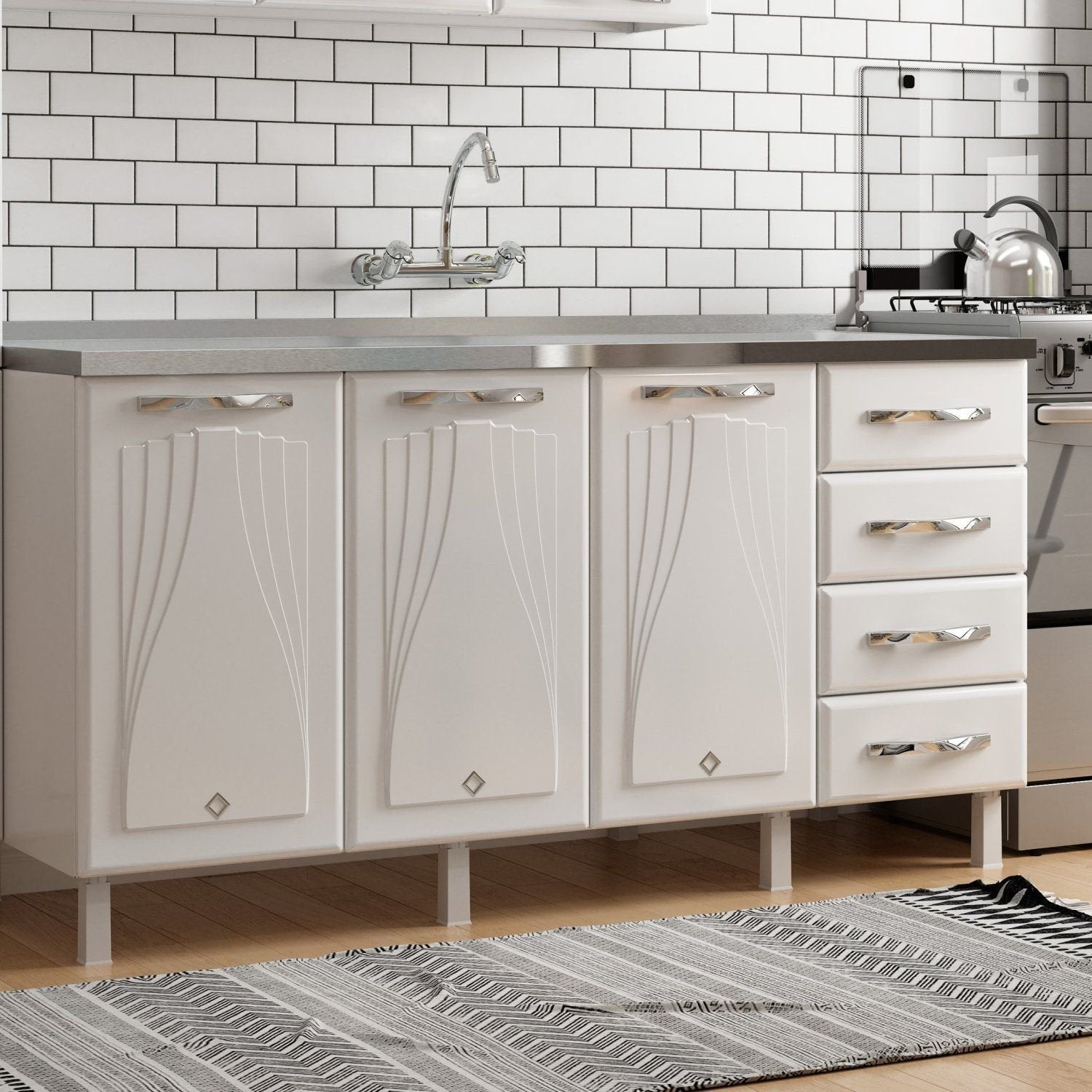 Balcão de Cozinha em Aço 3 Portas 4 Gavetas 160cm sem Tampo Star New Telasul Branco