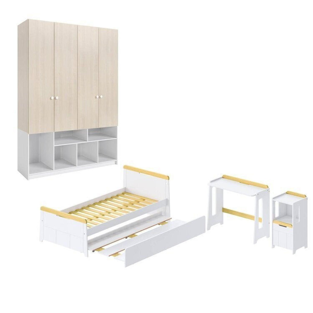 Quarto Completo Infantil Guarda-Roupa Curió, Bicama, Mesa, Estante e Petit Casatema MadeiraOriginals Branco/Mel