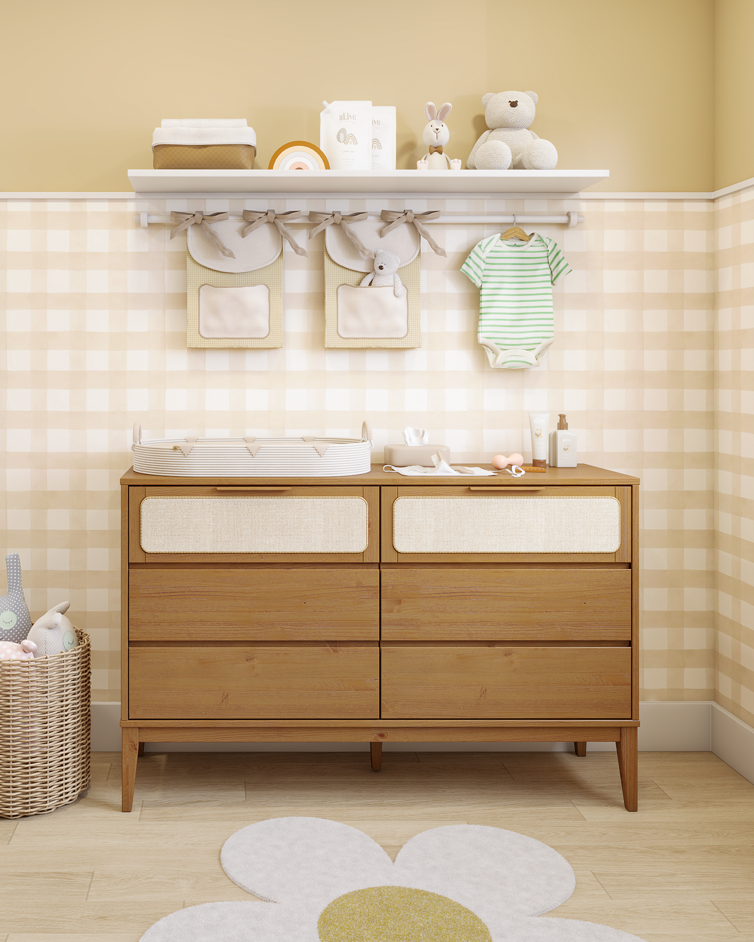 Cômoda 6 Gavetas Madeira Maciça com Telinha Rattan Viena Mel Marrom Artemobili