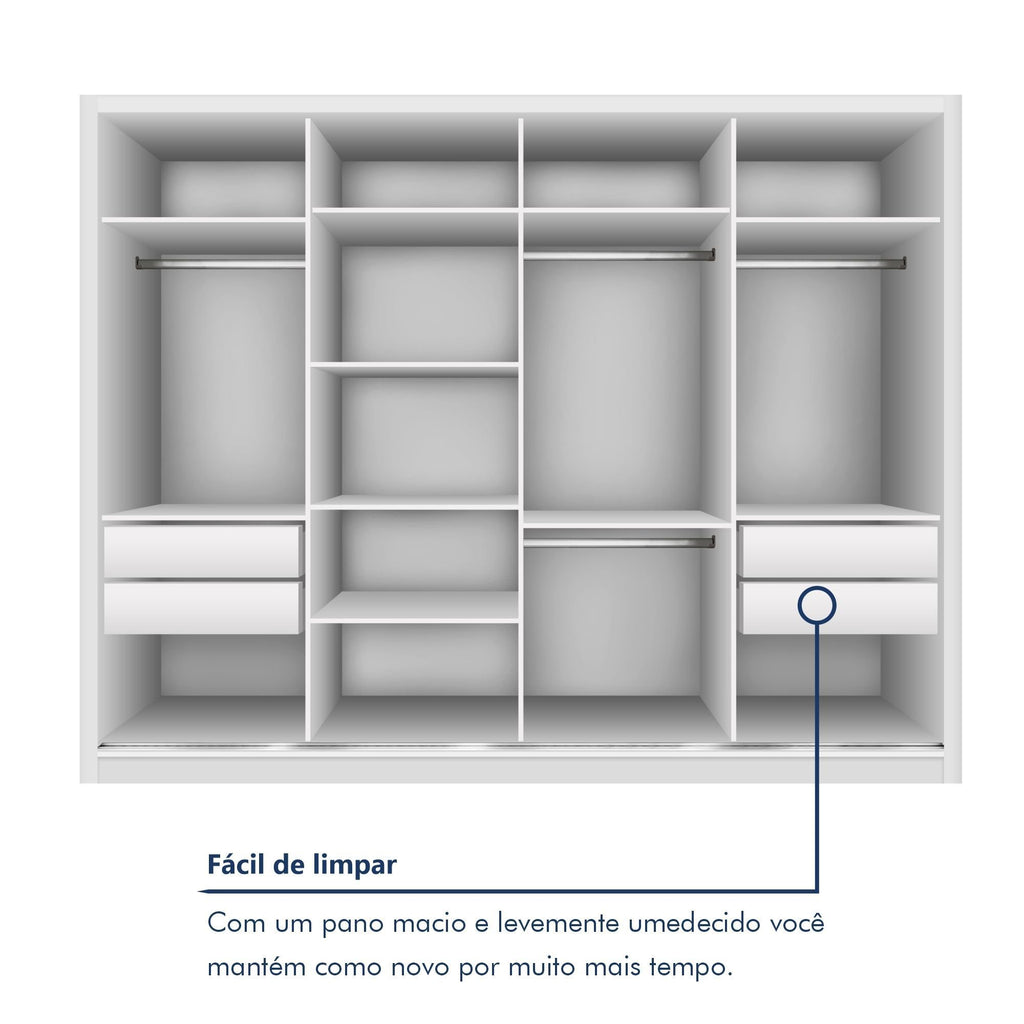 Guarda-Roupa Casal 4 Portas de Correr 4 Gavetas Zara Yescasa MDP Branco