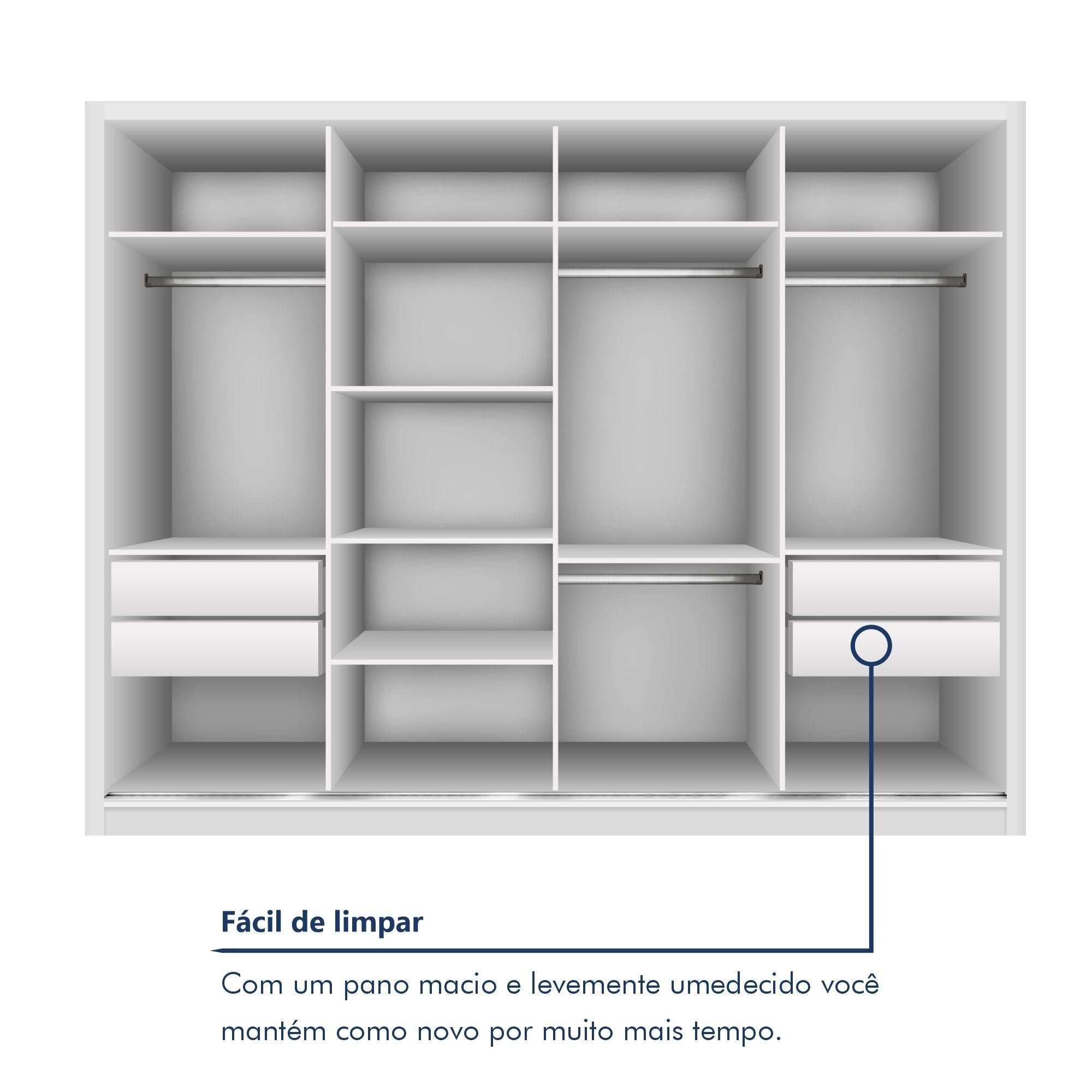 Guarda-Roupa Casal 4 Portas de Correr 4 Gavetas Zara Yescasa MDP Branco