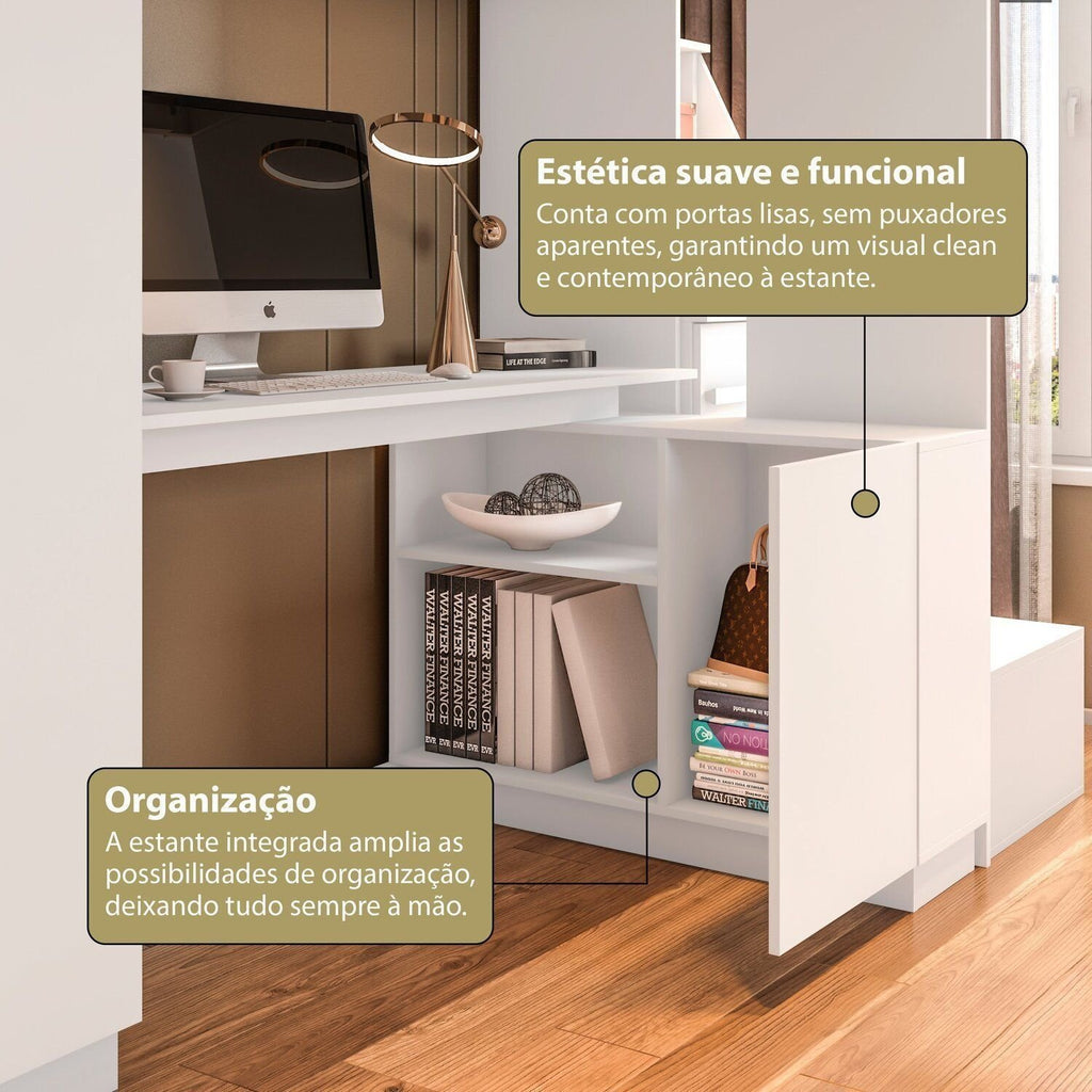 Cama Alta Beliche Office Adulto com Roupeiro e Escrivaninha Moon Yescasa Branco