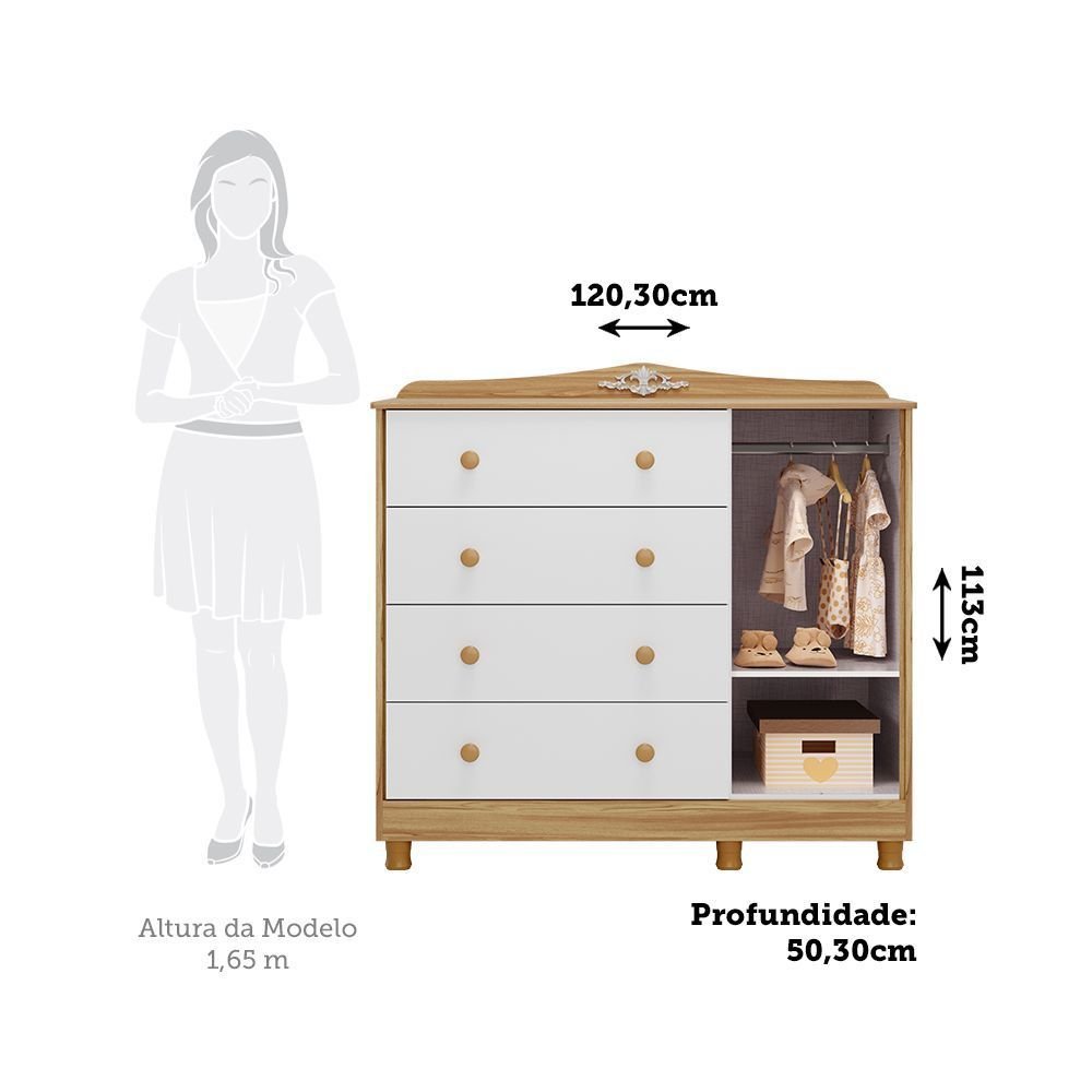 Cômoda de Bebê 120,3cm 1 Porta com Janela e 4 Gavetas Maya Provençal Yescasa Branco/Brilho/Amêndoa