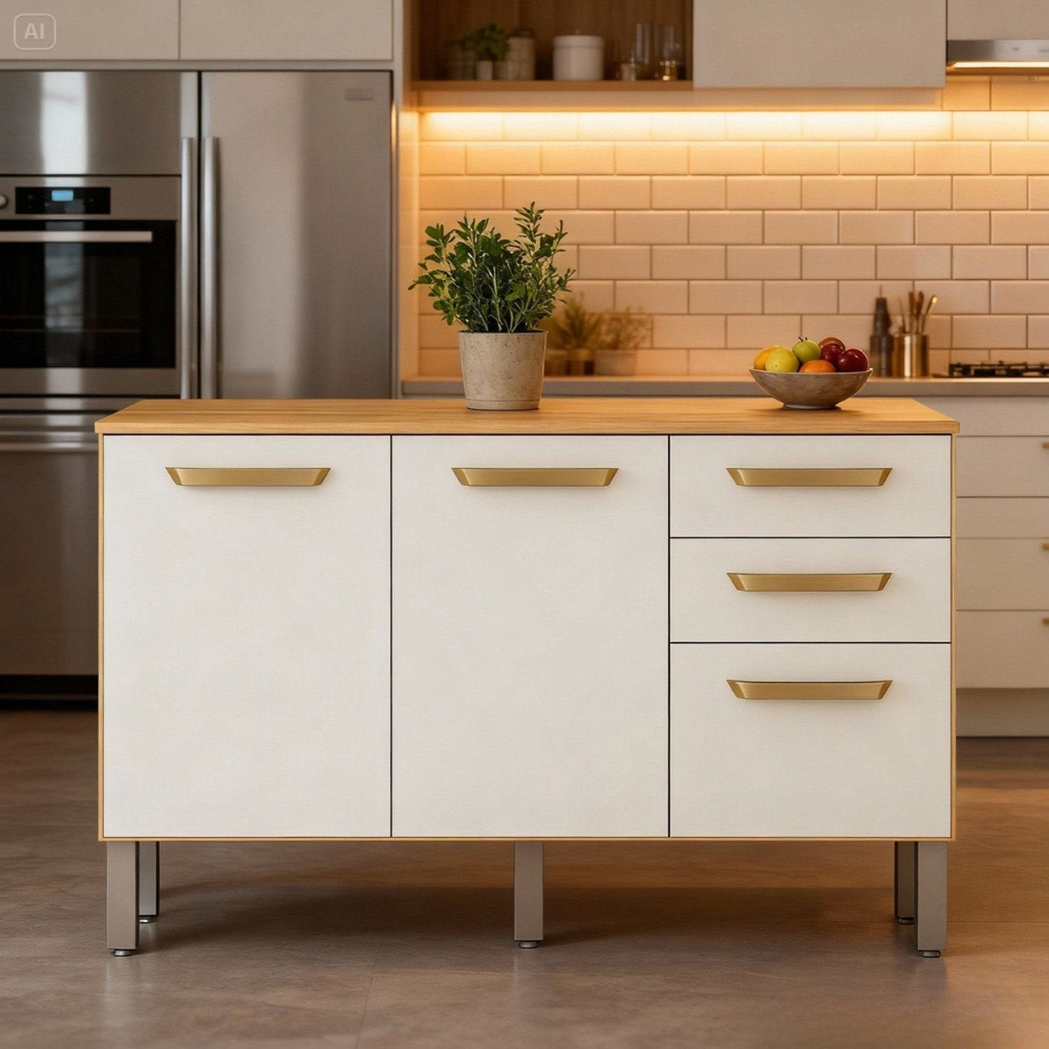 Balcão de Cozinha 3 Portas 2 Gavetas Adele CHF Bege/Cinamomo/Off White Acetinado