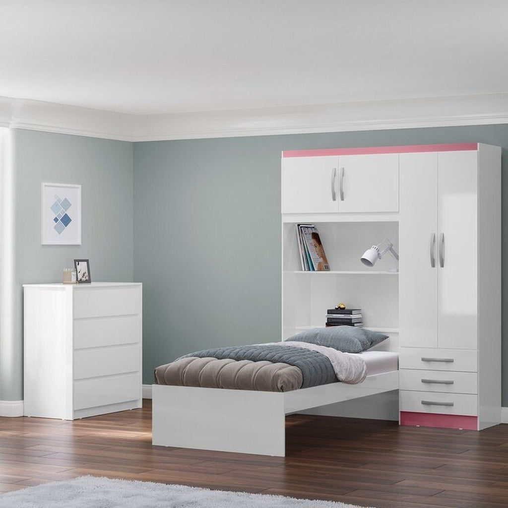 Conjunto Infantil Guarda-Roupa com Cama Lisboa 4 Portas e 3 Gavetas com Cômoda Carla 4 Gavetas MX Móveis Branco/Rosa