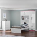 Conjunto Infantil Guarda-Roupa com Cama Lisboa 4 Portas e 3 Gavetas com Cômoda Carla 4 Gavetas MX Móveis Branco/Rosa