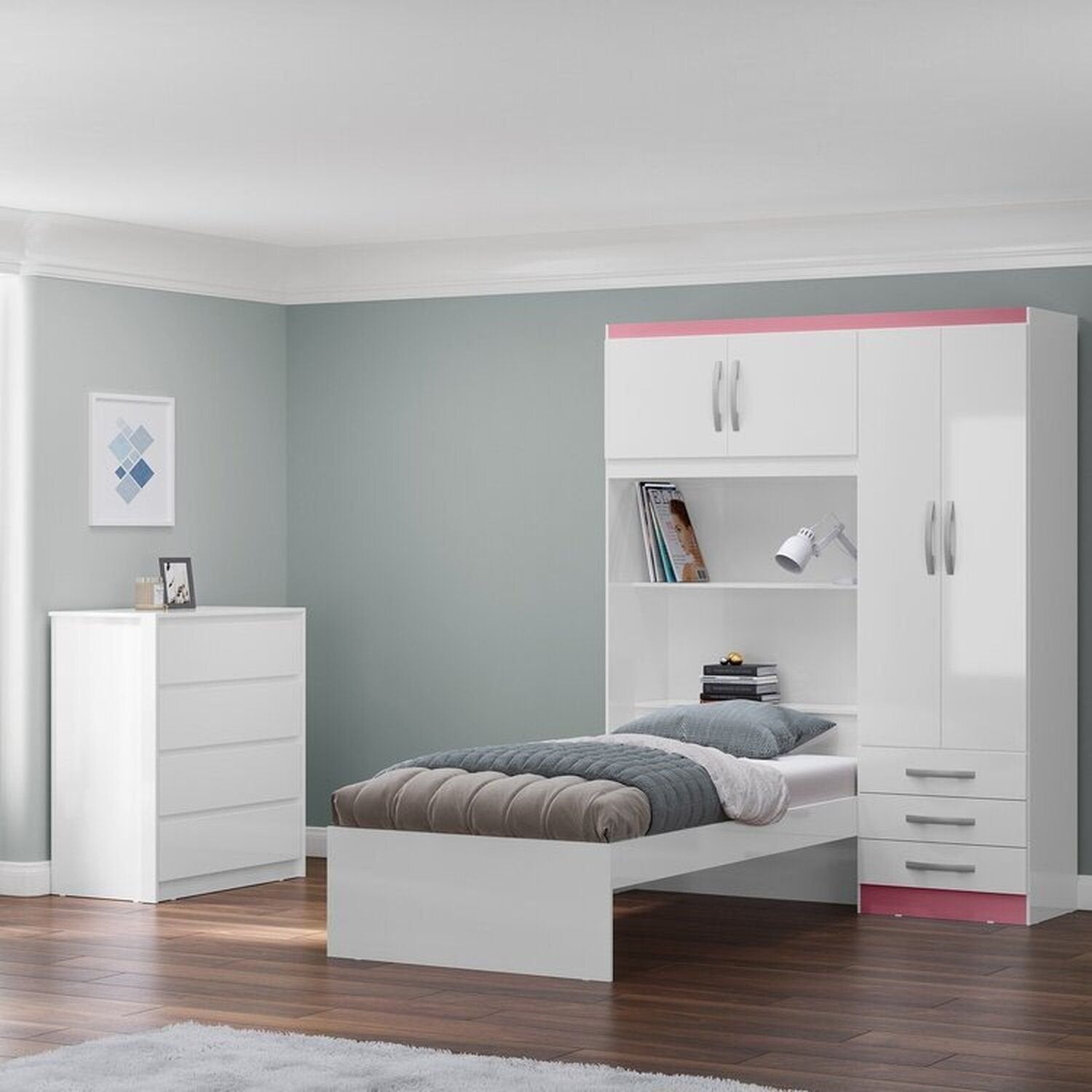 Conjunto Infantil Guarda-Roupa com Cama Lisboa 4 Portas e 3 Gavetas com Cômoda Carla 4 Gavetas MX Móveis Branco/Rosa