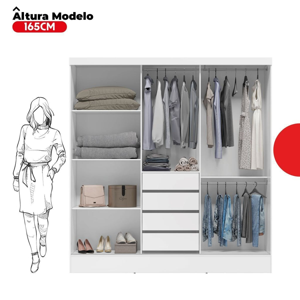 Guarda-Roupa Casal 3 Portas de Correr 4 Gavetas Plata Demóbile MDP Branco