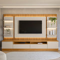 Painel e Bancada Rack Sala de Estar 297cm Madalena Modulado Led Ripado TV até 70 Polegadas Tauari/Off White Gran Belo