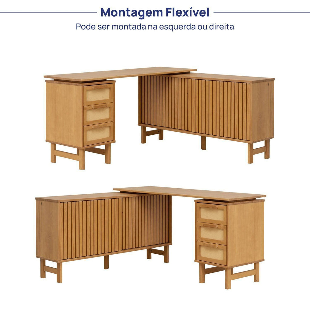 Escrivaninha em L Madeira Maciça 3 Gavetas Rattan e Portas Ripadas Magna CabeCasa MadeiraMadeira