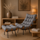 Poltrona com Puff em Linho Costela Bege/Off White 67cm House Deccor