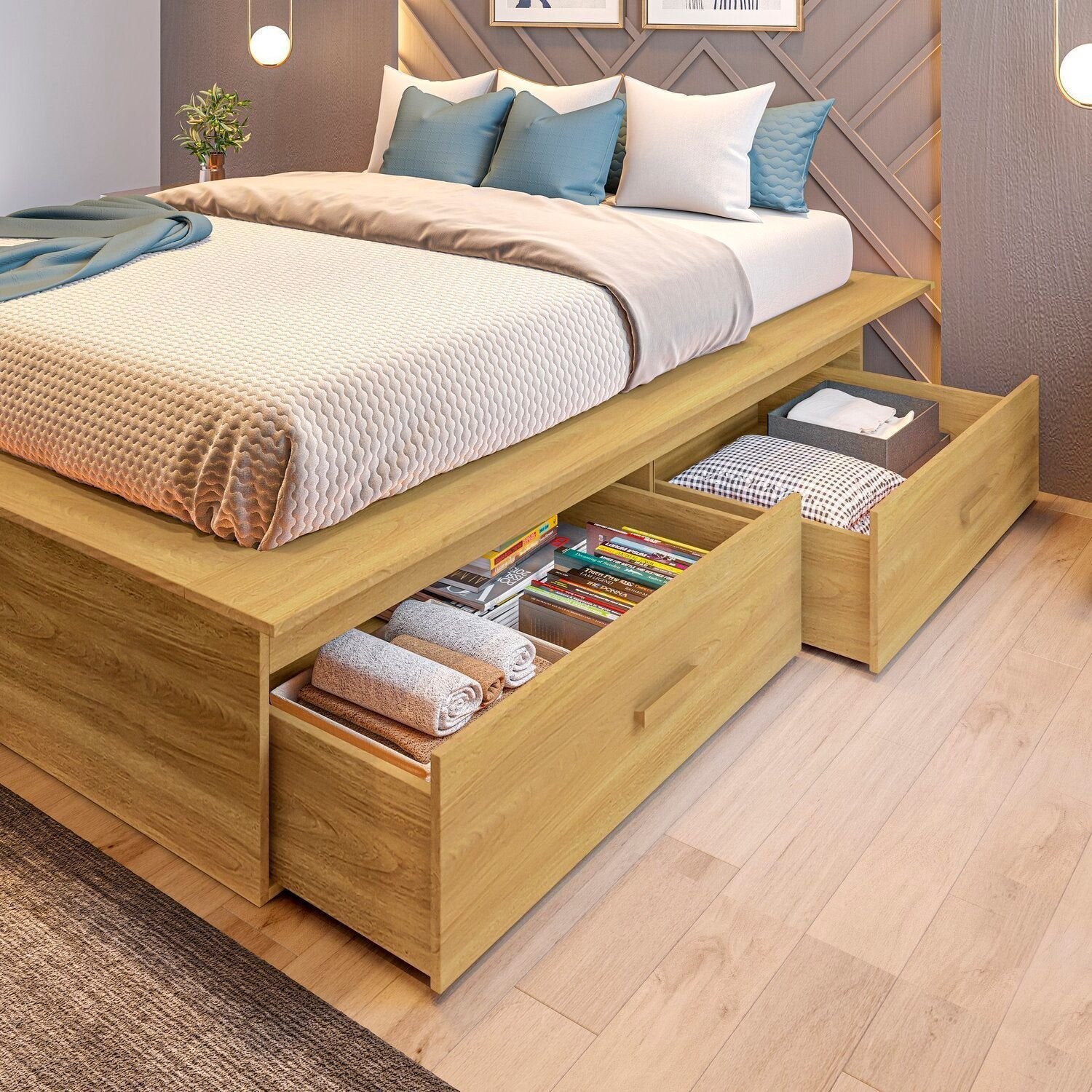 Cama Casal/Queen Adulto com 4 Gavetas Gades Yescasa Marrom/Freijó