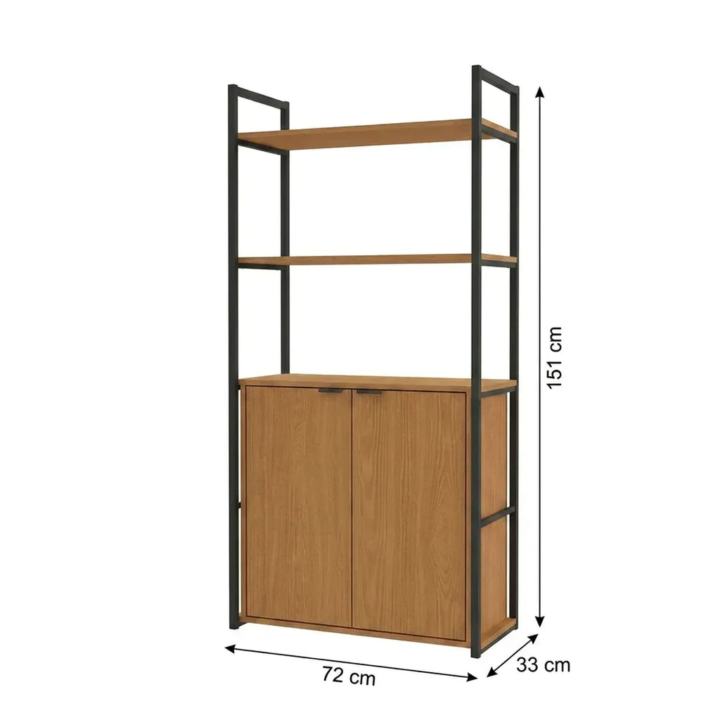 Estante de Livros Industrial em Aço com 2 Portas e 2 Prateleiras 151x72cm Canela/Preto