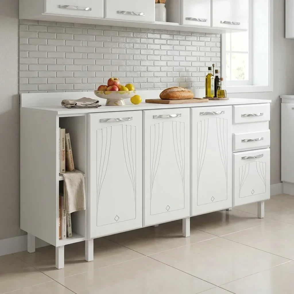 Balcão de Cozinha para Pia em Aço 4 Portas 2 Gavetas com Nichos 180cm Star New Telasul Branco