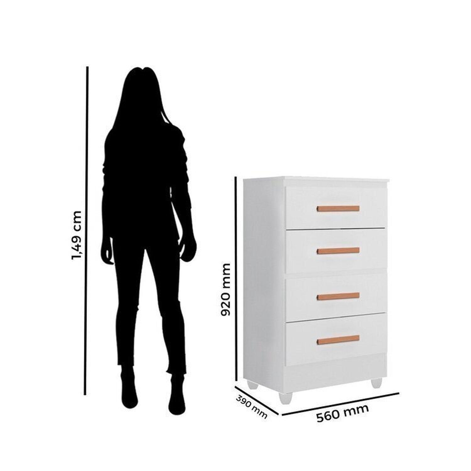 Quarto Bebê Infantil com Guarda-Roupa 4 Portas e 2 Gavetas e Cômoda 4 Gavetas Branco Móveis Leão