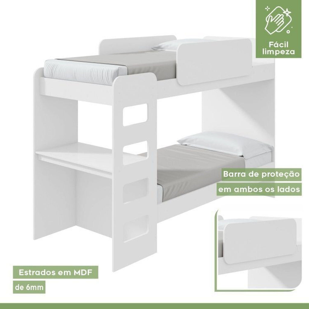 Conjunto Quarto Infantil Completo Beliche Escrivaninha Cômoda e Guarda-Roupa Branco Móveis Lopas