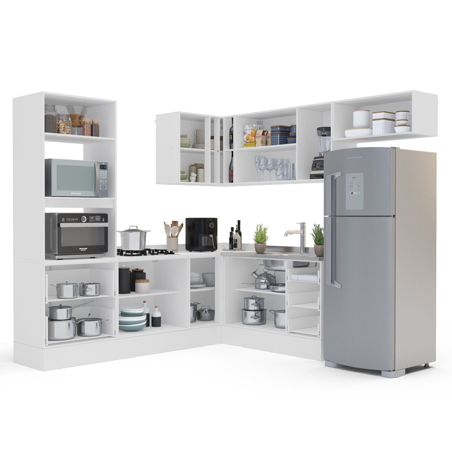 Cozinha Completa Modulada 8 Peças com Rodapé Pérola Yescasa Cinza/Branco