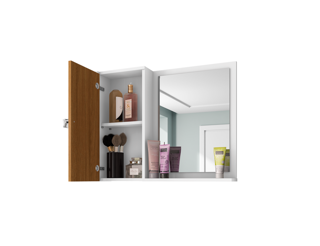 Espelheira para Banheiro Móveis Bechara Gênova 1 Porta 2 Prateleiras 57,2cm Branco/Ripado