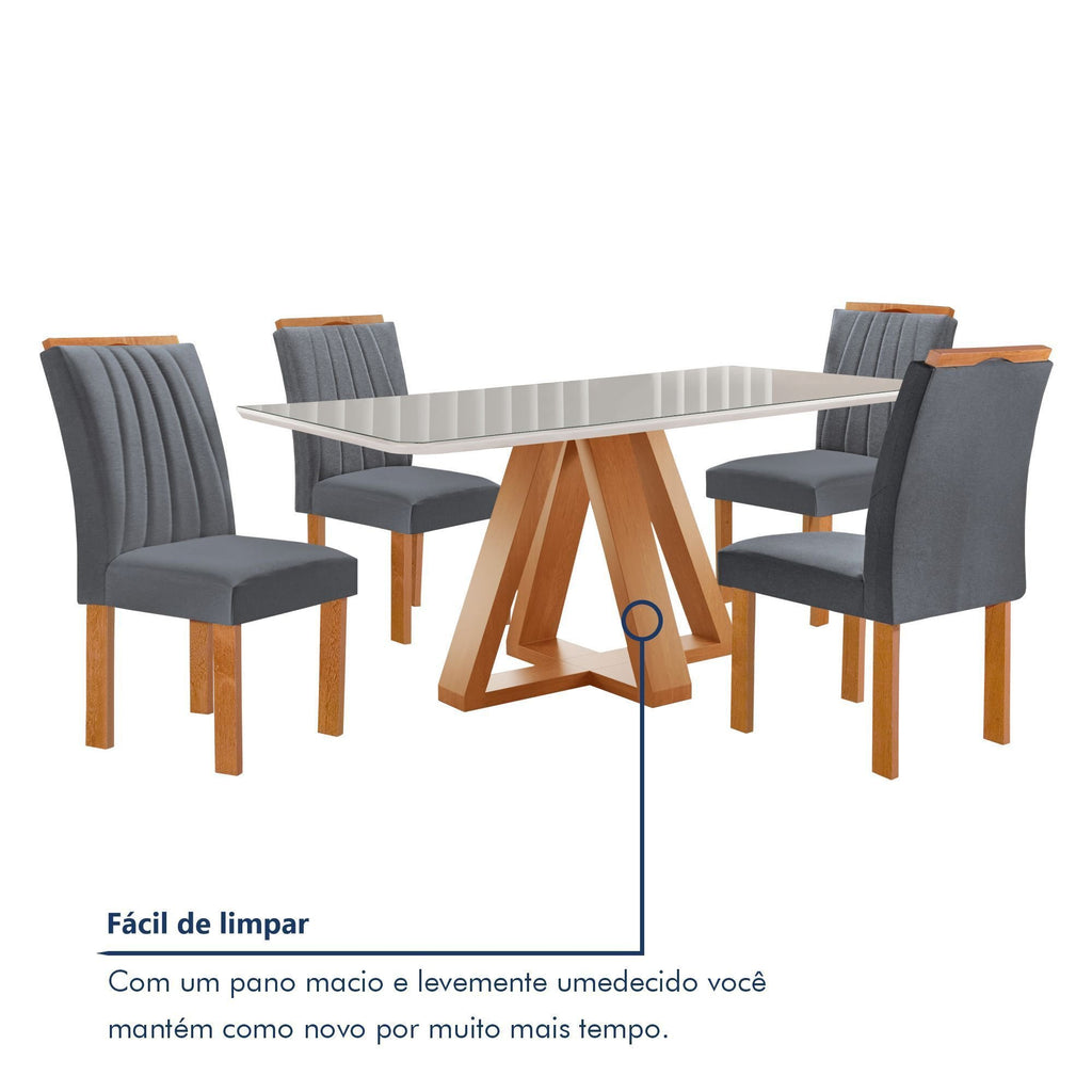 Conjunto Sala de Jantar Mesa Retangular Tampo Vidro Kyra 120x90 com 4 Cadeiras Arizona Cel Móveis