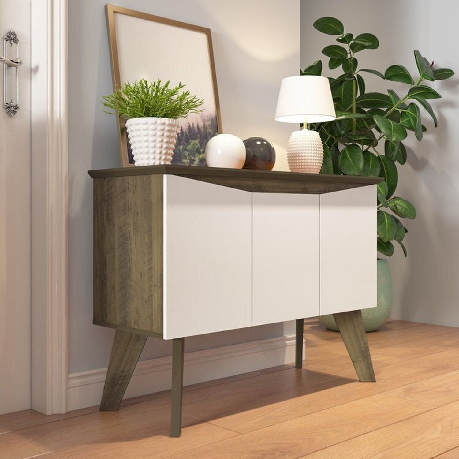 Conjunto 3 Peças Sala de Estar Mesa de Centro Lucca Buffet Oásis Rack Lumina Pinho/Off White Artely