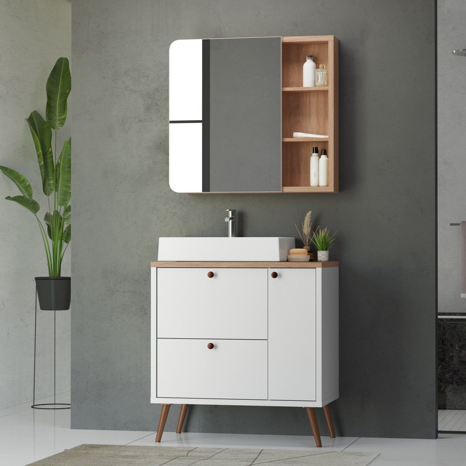 Conjunto para Banheiro Gabinete com Pés Cuba e Espelheira Madri Móveis Bosi 80cm Branco/Tauari