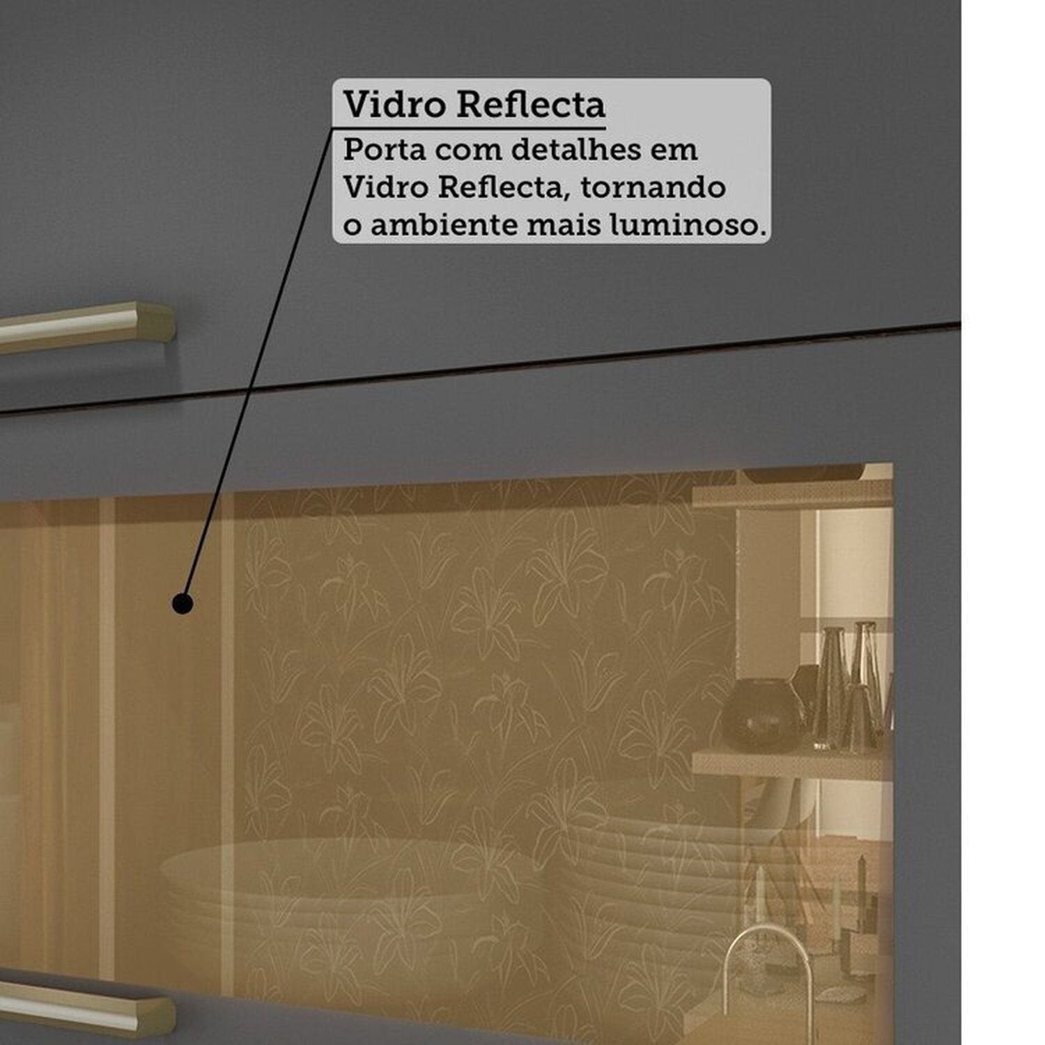 Cozinha Completa Modulada 100% MDF 7 Peças 14 Portas 6 Gavetas e Vidro 429cm Vicenza Espresso Móveis Cinza/Amêndoa/Chumbo