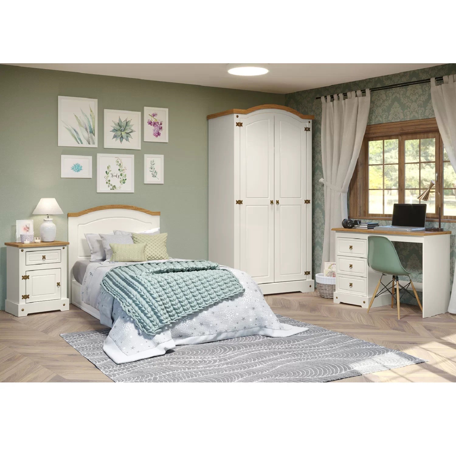 Quarto Infantil Completo Guarda-Roupa Mesa de Cabeceira Cabeceira Solteiro Escrivaninha Smile Serpil Baby Bege/Creme/Carvalho
