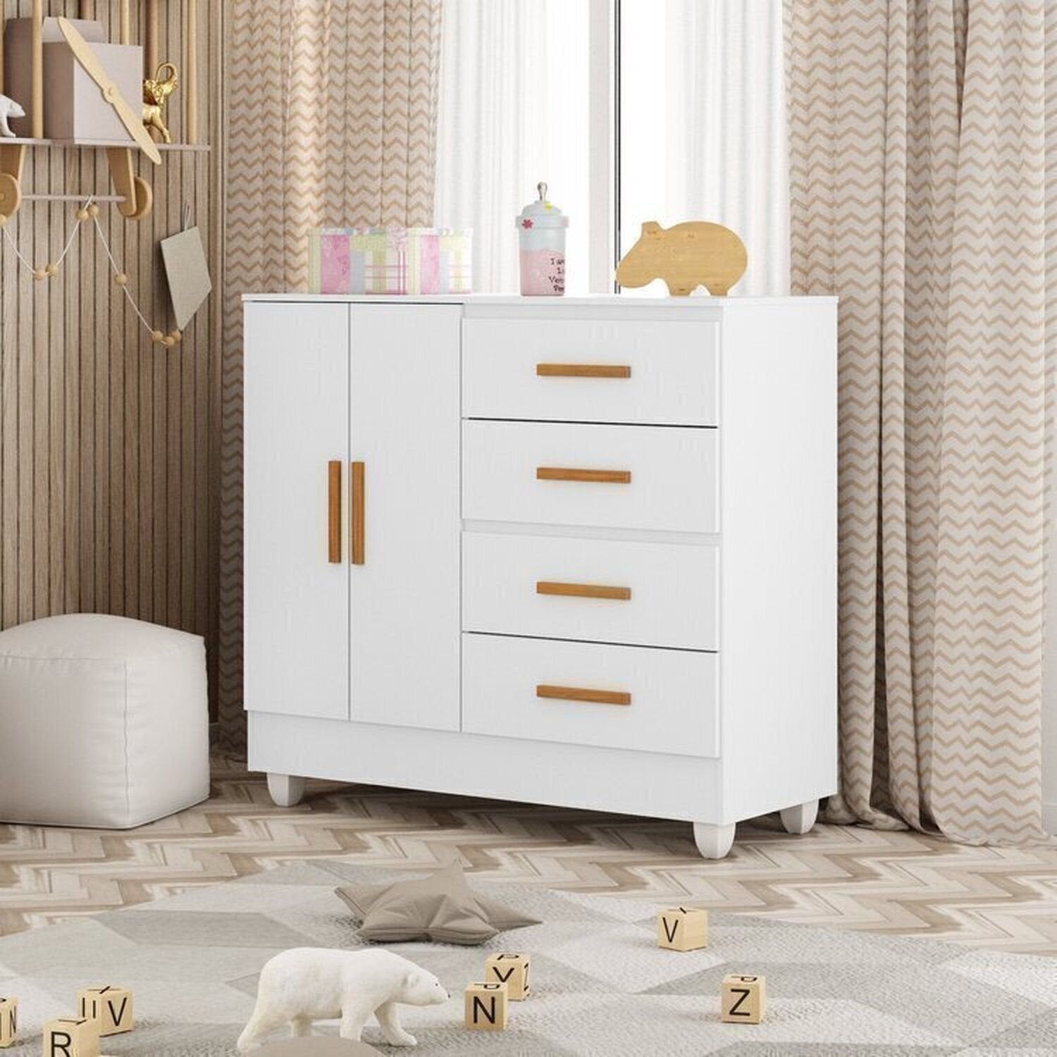 Quarto Bebê Infantil com Guarda-Roupa 3 Portas e 2 Gavetas com Cômoda 4 Gavetas e 2 Portas Lite Móveis Leão Branco