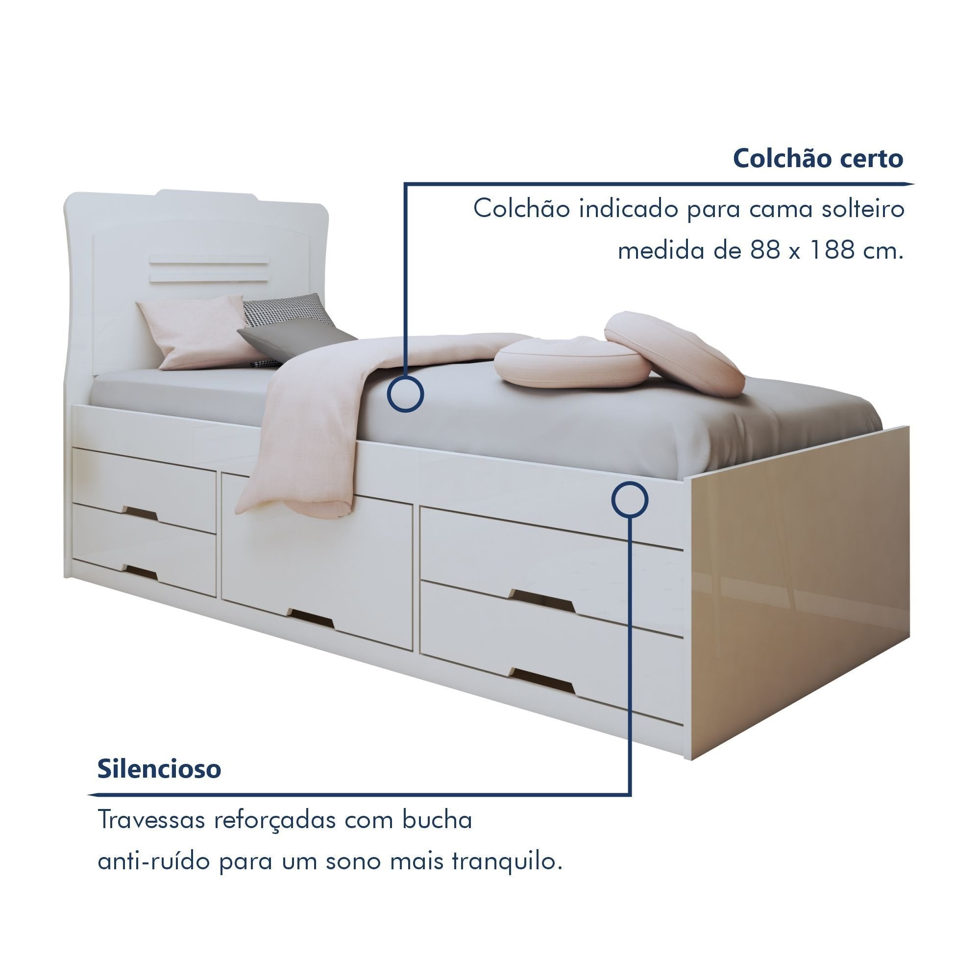 Conjunto 2 Cama Solteiro 5 Gavetas Júlia Conquista Móveis Branco