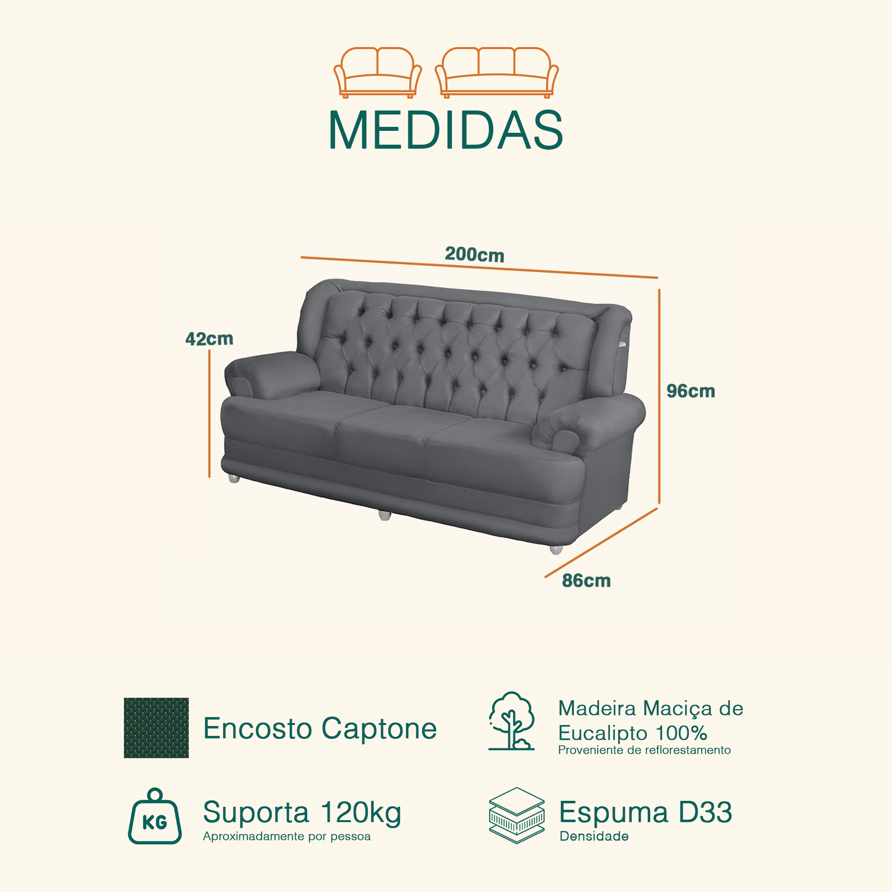 Sofá 3 Lugares Finlândia 2,00m Suede Cinza Sofá Casa