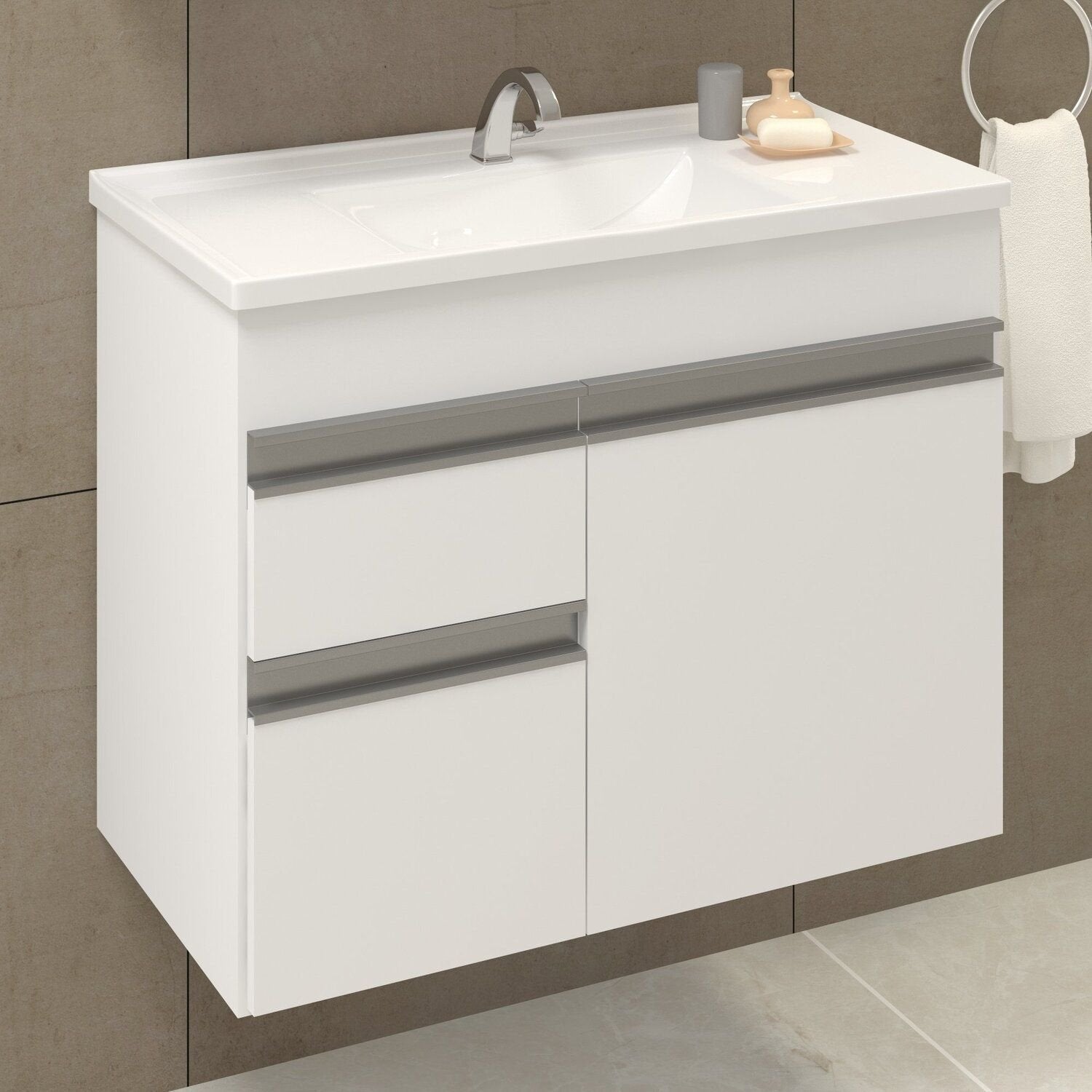 Conjunto Gabinete Suspenso com Cuba e Espelheira Napoli Arte Gabinetes 60cm Branco