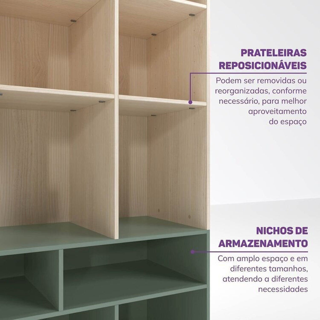 Quarto Infantil Completo Guarda-Roupa Curió Treliche Escrivaninha Estante Petit Verde/Mel Casatema