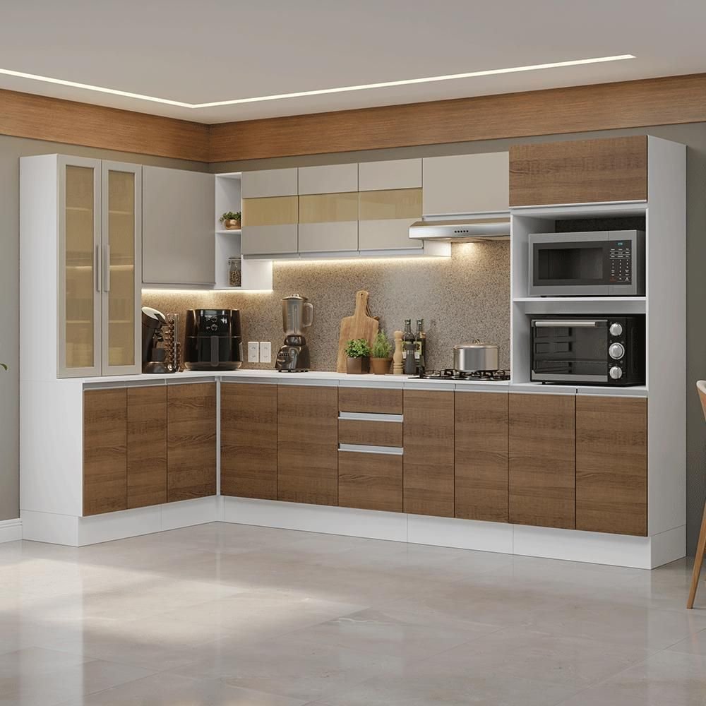 Armário de Cozinha Completo de Canto 100% MDF 447cm Smart Madesa Branco/Rustic/Crema