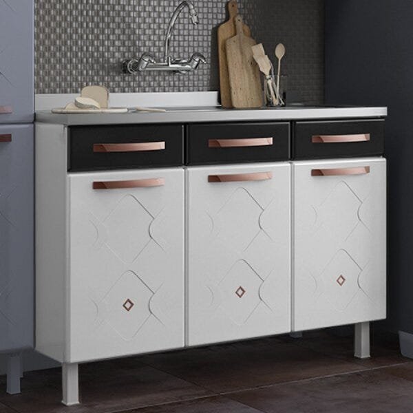 Balcão de Cozinha em Aço Triplo para Pia 120cm Mirage New Telasul Preto/Branco