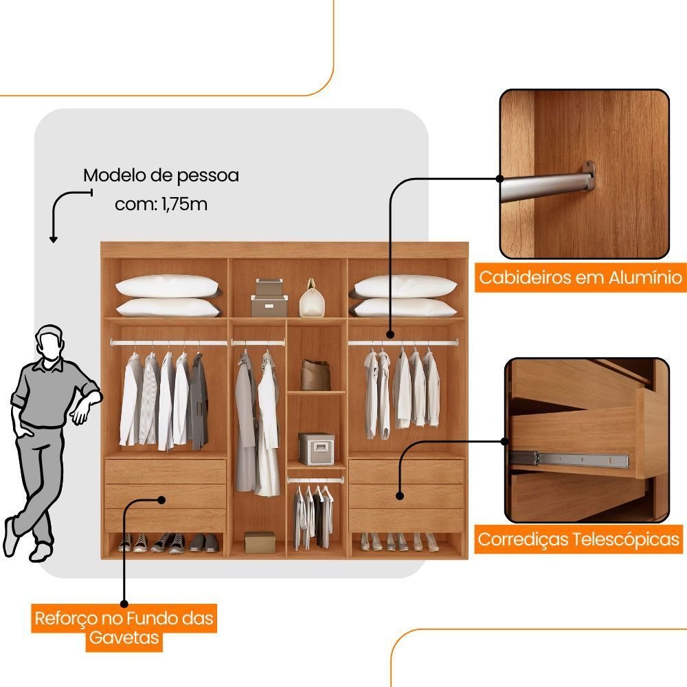 Guarda-Roupa Casal Coliseu 100% MDF Moderna Mobilia 6 Portas e 6 Gavetas Off White/Naturalle