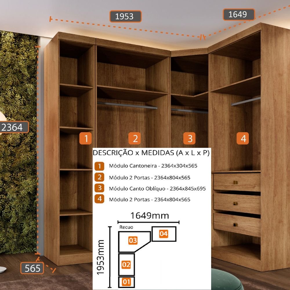 Guarda-Roupa Modulado Safira 009 MDF 5 Portas 6 Gavetas Clic Móveis